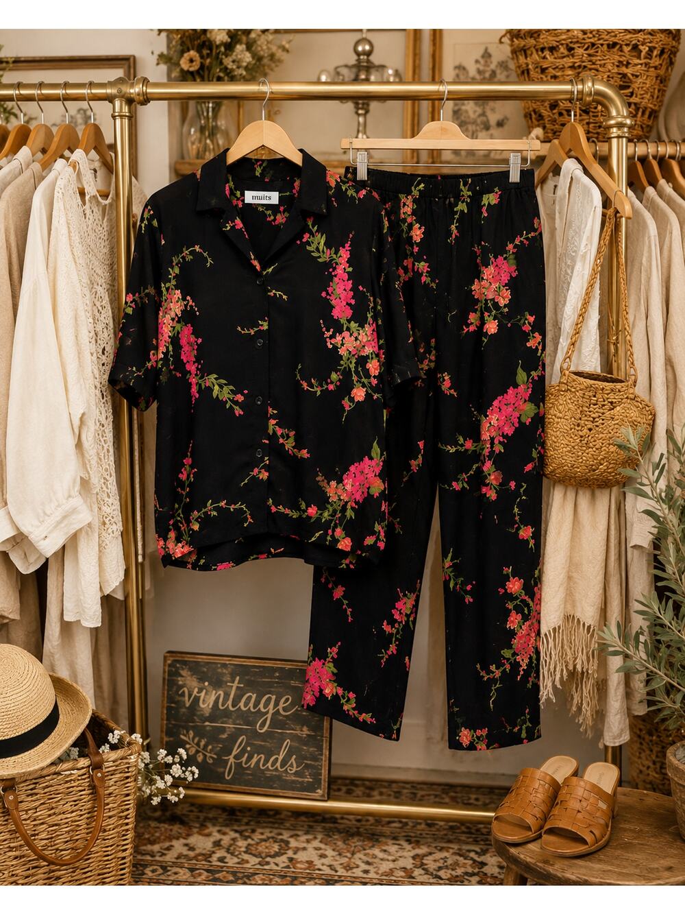 Vintage Units Floral Rayon Lounge Set Black Pink Button Front Top Pants